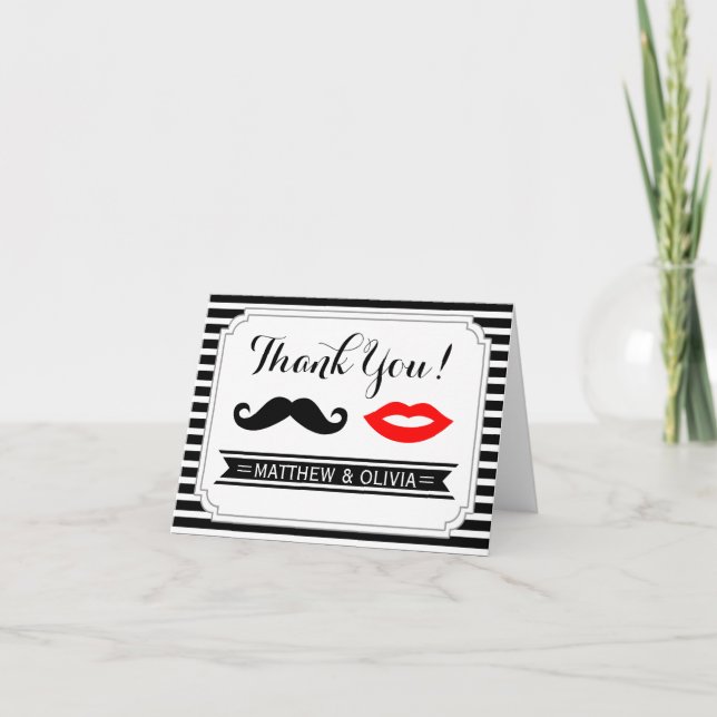 Moustache & Red Lips Wedding Stripe Thank You Card (Front)