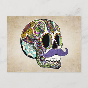 Moustache Sugar Skull Colour Postcard