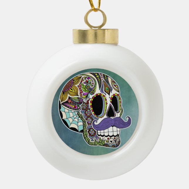 Moustache Sugar Skull Ornament #2 (Front)