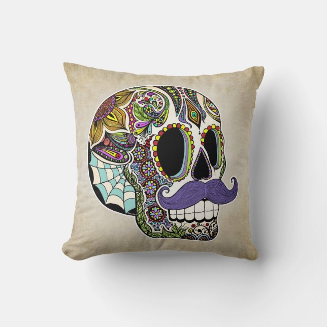 Moustache Sugar Skull Pillow - Vintage Style (Front)