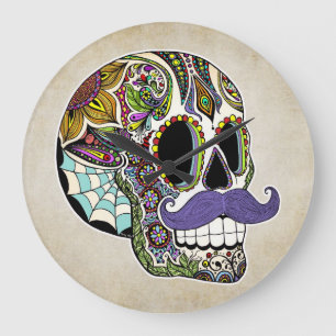 Moustache Sugar Skull Wall Clock