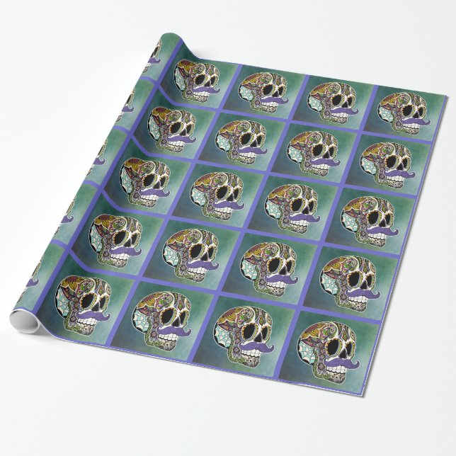 Moustache Sugar Skull Wrapping Paper (Unrolled)