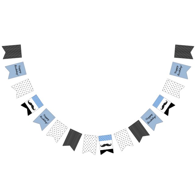 Moustache Themed Blue & Black Happy Birthday Bunting (All)