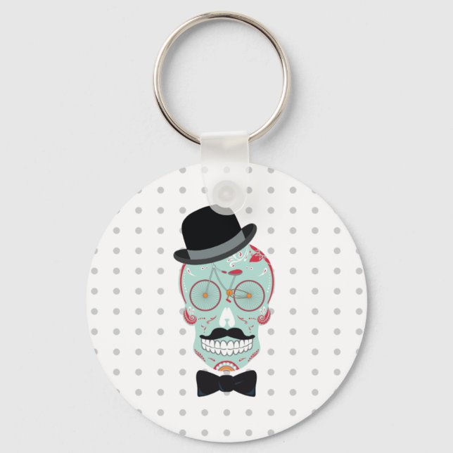 Moustache Top Hat Bicycle Sugar Skull keychain. Key Ring (Front)