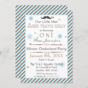 moustache winter wonderland 1st birthday party invitation