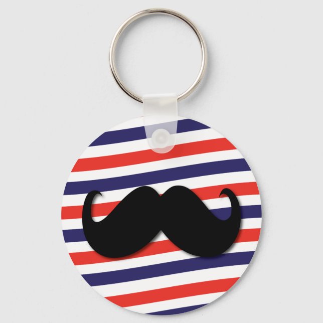 Moustache with red, white and blue stripes key ring (Front)