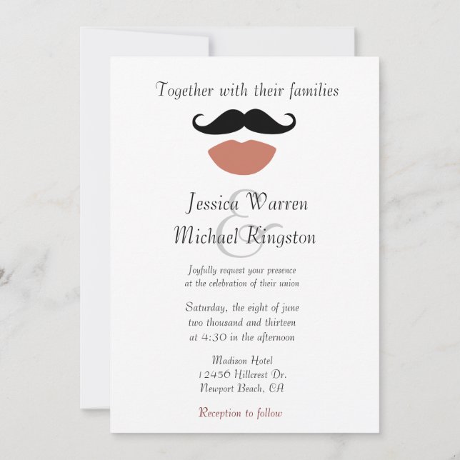 Moustaches Red Lips Wedding Invitation (Back)