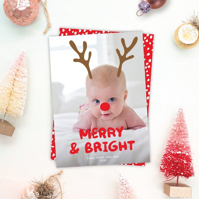 MOVABLE/EDITABLE Antlers Red Nose Photo Christmas  Holiday Card (Creator Uploaded)