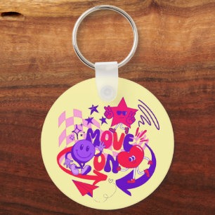 "Move On" Groovy Retro Colorful Saying Key Ring