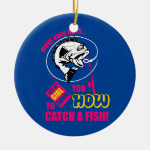 Move over lets girl show to how catch fish funny ceramic tree decoration