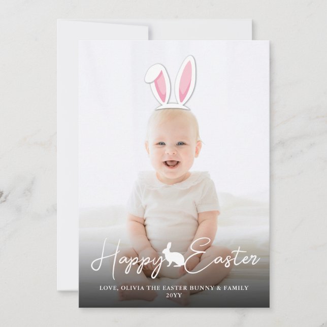 Moveable Pink Bunny Ears Photo Overlay Happy Easte Card (Front)