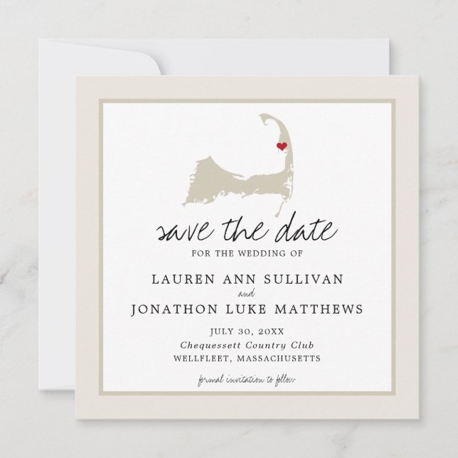 Moveable Red Heart Wellfleet Cape Cod Map Wedding Save The Date (Front)