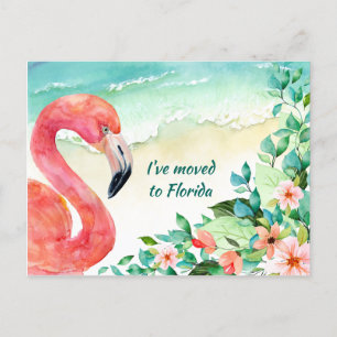Moved to Florida Pink Flamingo Beach Scene Announcement Postcard