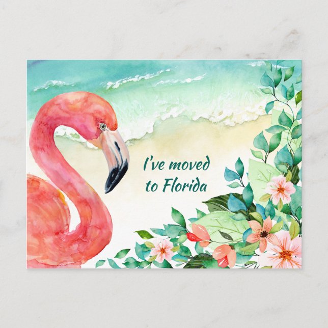 Moved to Florida Pink Flamingo Beach Scene Announcement Postcard (Front)