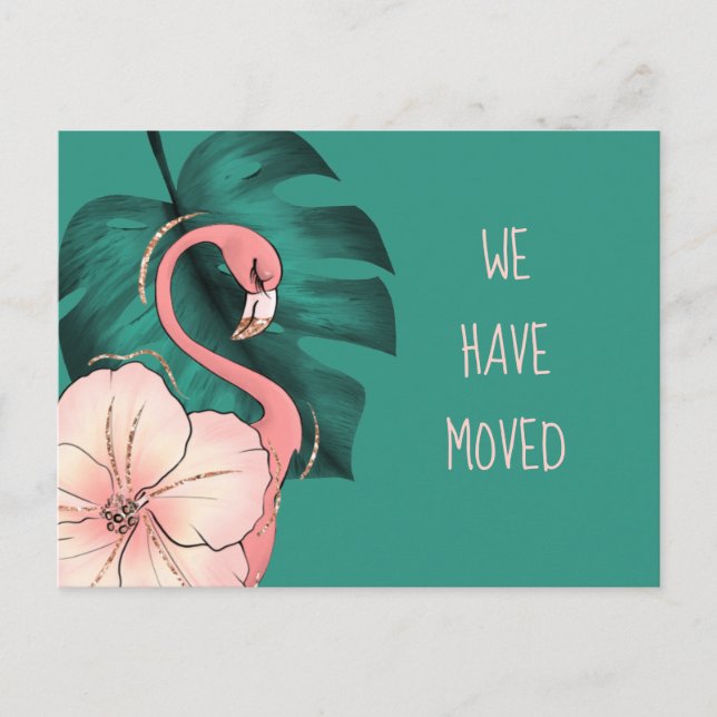 Moved to Florida Pink Flamingo Monstera Leaf Announcement Postcard (Front)