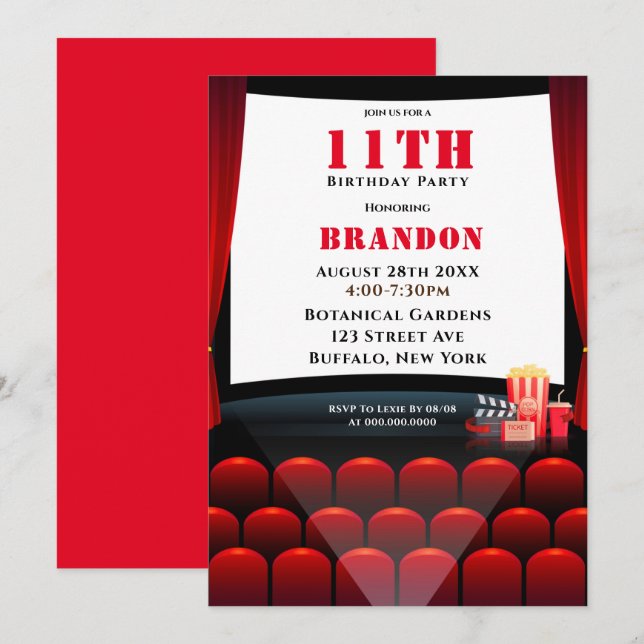 Movie 11th Birthday Party Invitations  (Front/Back)