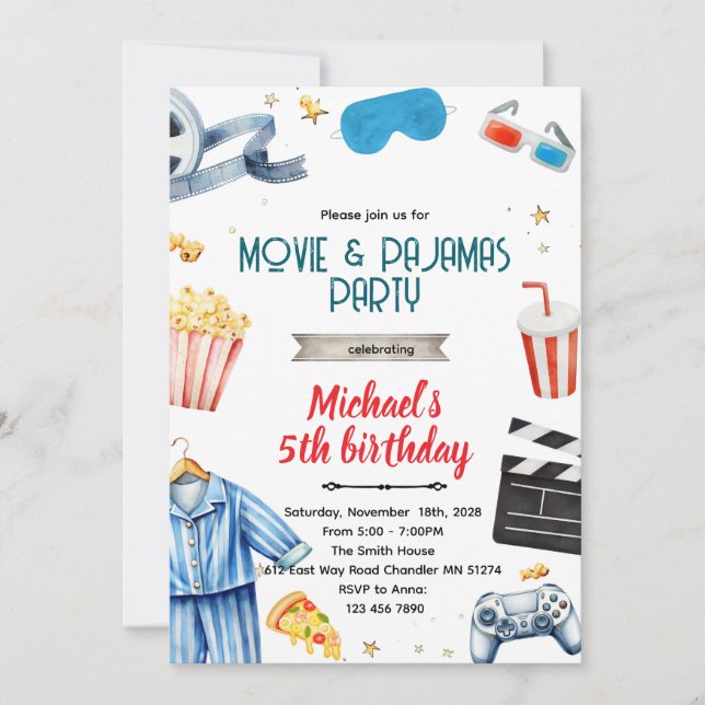 Movie and Pajamas boy theme invitation (Front)