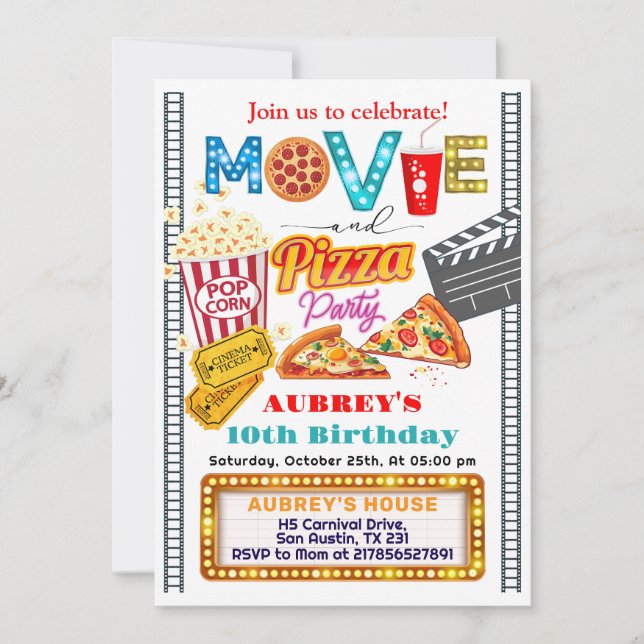 Movie and Pizza Birthday Party Invitation  (Front)
