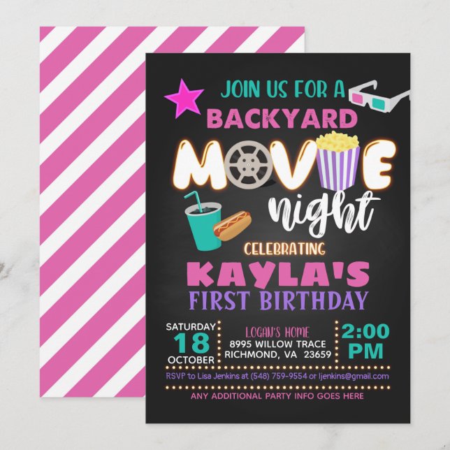 Movie Birthday Invitation - Girl (Front/Back)