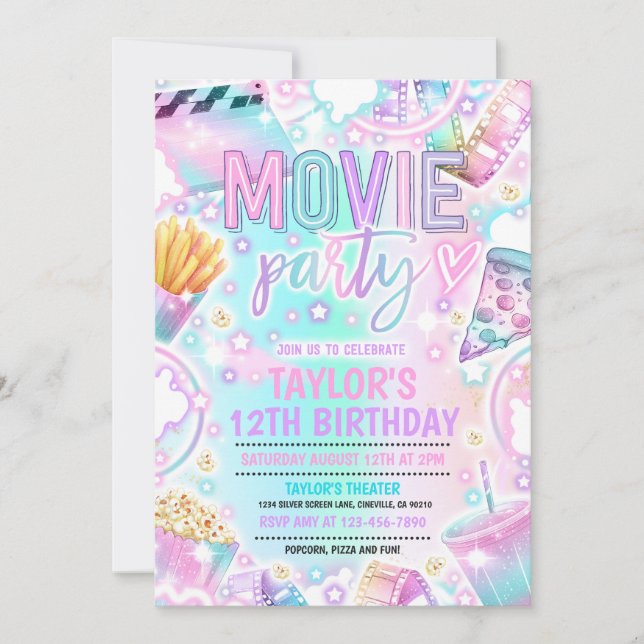 Movie Birthday Party Pastel Rainbow Movie Party Invitation (Front)