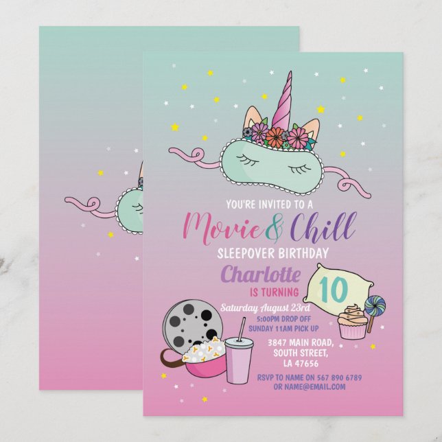 Movie & Chill Birthday Unicorn Sleepover Slumber Invitation (Front/Back)