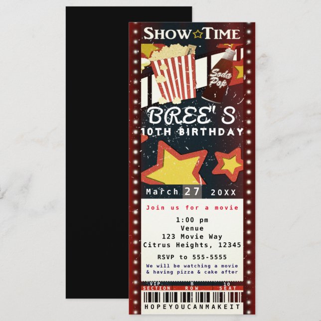 Movie Cinema Popcorn VIP Party Ticket Invitation (Front/Back)
