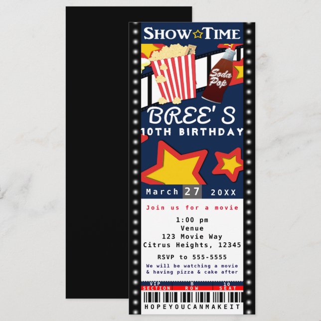 Movie Cinema Popcorn VIP Party Ticket Invitation (Front/Back)