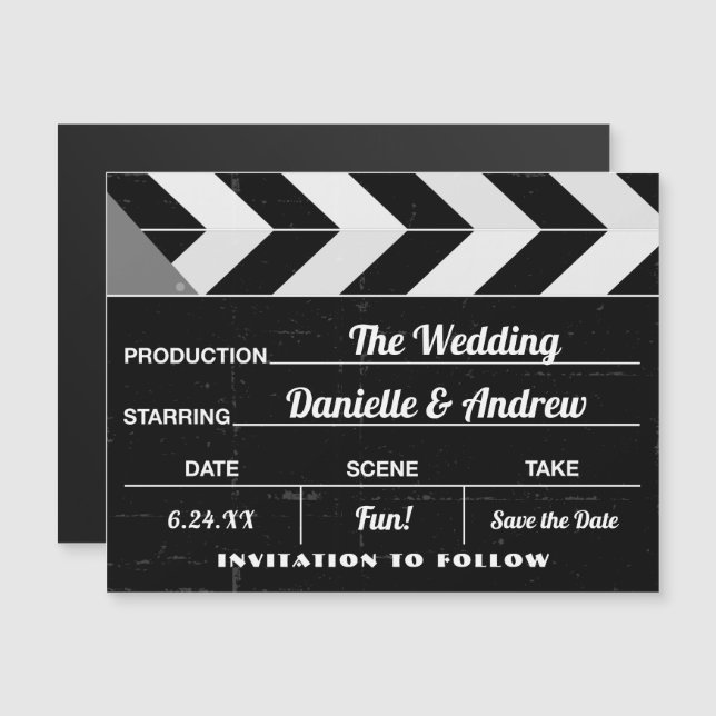 Movie Clap Board Black White Wedding Save the Date (Front/Back)