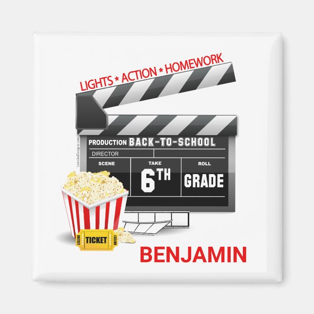 Movie Clapboard Popcorn Personalised 6th Grade Magnet (Front)