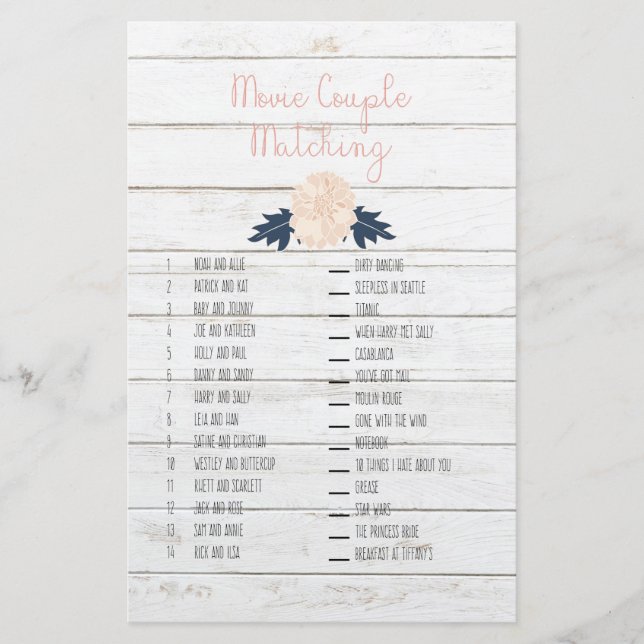 Movie Couple Matching Bridal Shower Game (Front)