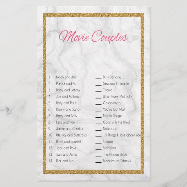 Movie Couple Matching Bridal Shower Game Stationery (Front)