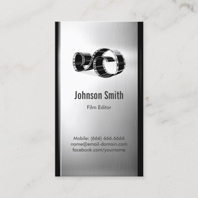 Movie Film Editor - Brushed Stainless Steel Metal Business Card (Front)