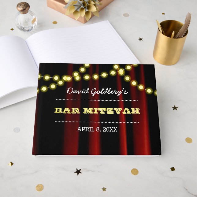 Movie Lights Yellow Bar Mitzvah Guest Book (Front Open)