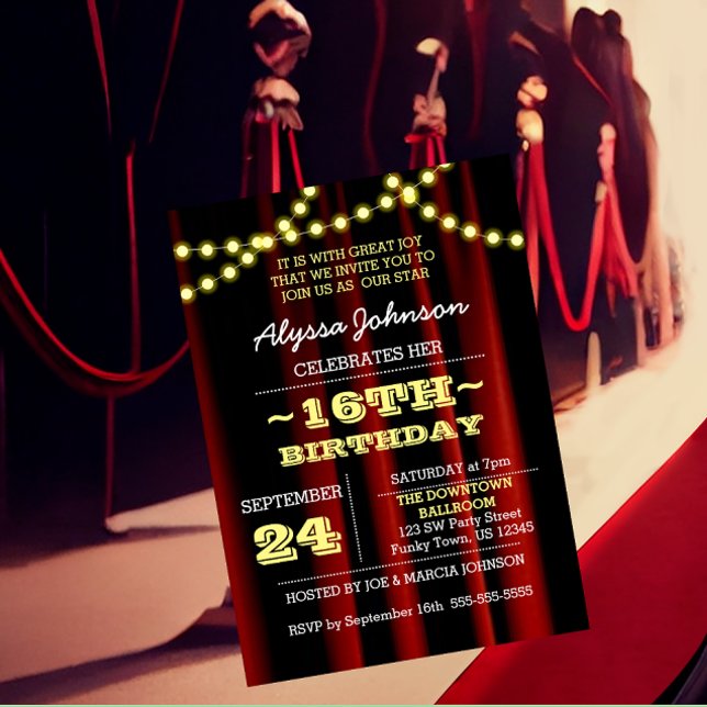 Movie Lights Yellow Sweet 16 Invitation (Creator Uploaded)