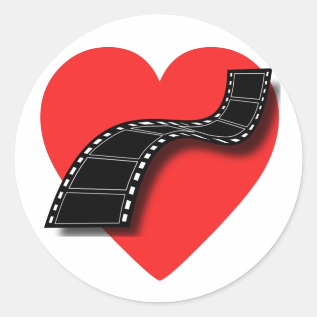 Movie Lover with Red Heart and Film Strip Classic Round Sticker (Front)