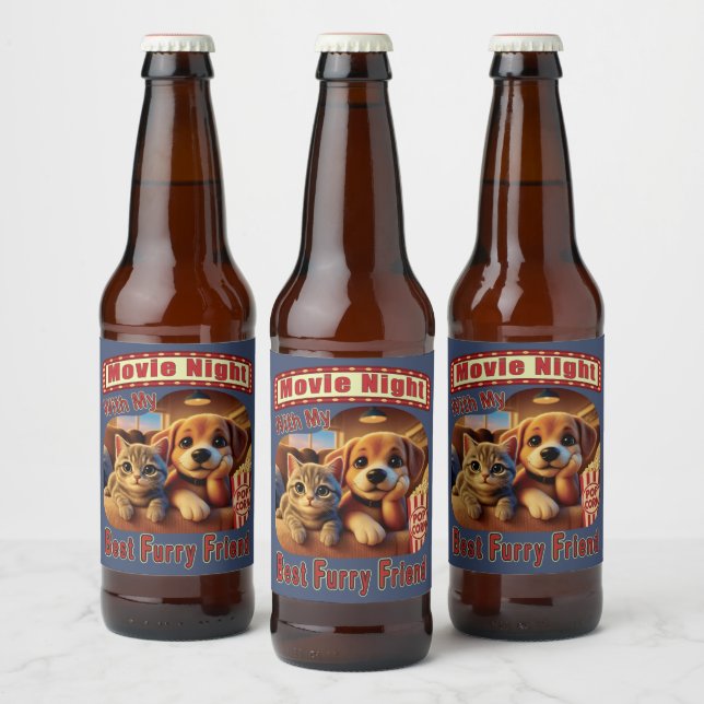 Movie Night - Best Furry Friend - Cute Cat & Dog Beer Bottle Label (Bottles)