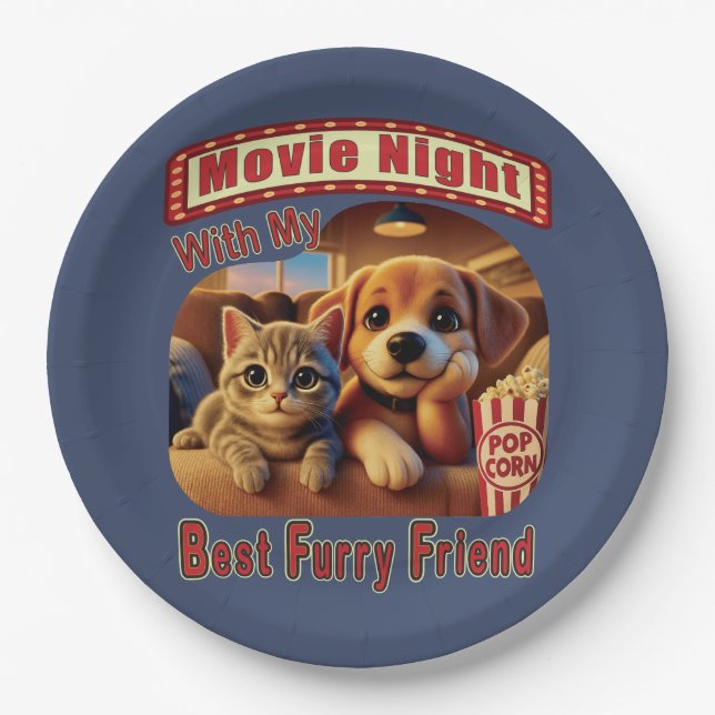Movie Night - Best Furry Friend - Cute Cat & Dog Paper Plate (Front)