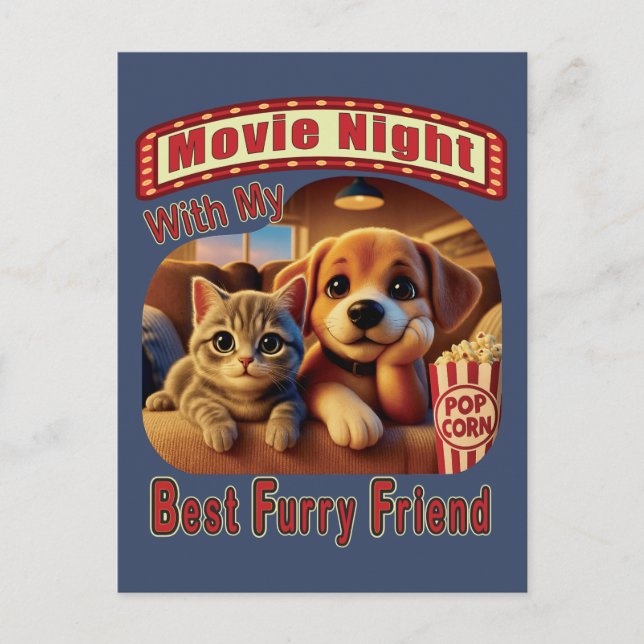 Movie Night - Best Furry Friend - Cute Cat & Dog Postcard (Front)