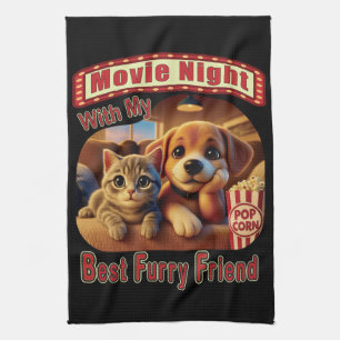 Movie Night - Best Furry Friend - Cute Cat & Dog Tea Towel