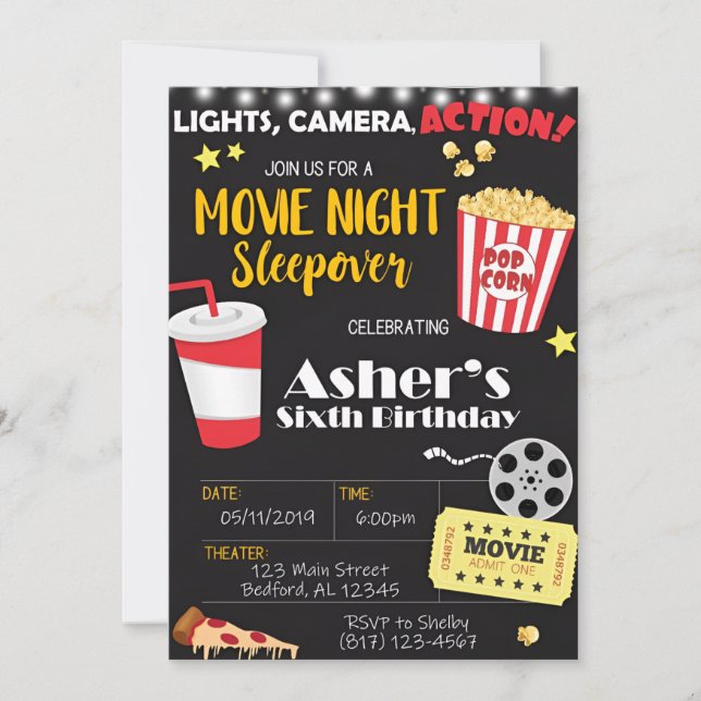 Movie Night Birthday Invitation | Movie Party (Front)