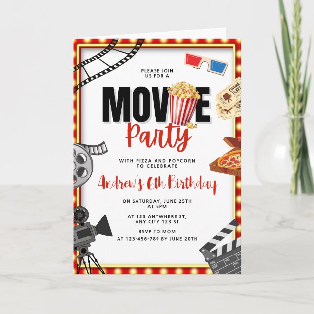 Movie Night Birthday Invitation, Movie Party  Invitation (Front)