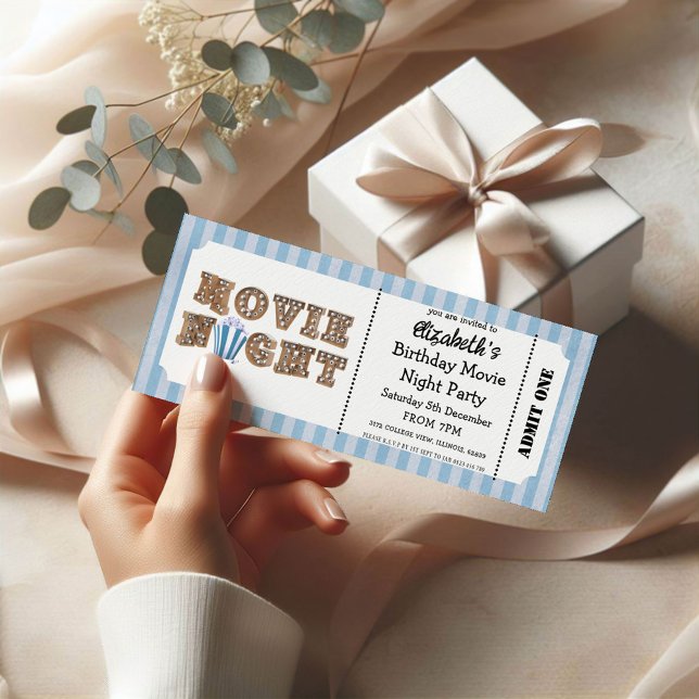 Movie Night Birthday Party Blue Ticket Style  Invitation (Creator Uploaded)