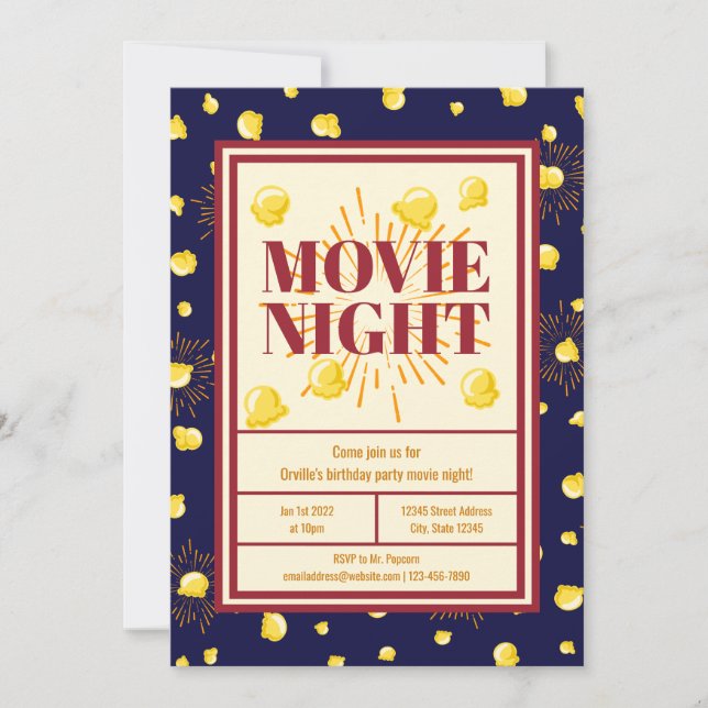 Movie Night Birthday Party - Firework Popcorn Invitation (Front)