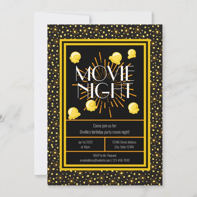 Movie Night Birthday Party - Firework Popcorn Invitation (Front)