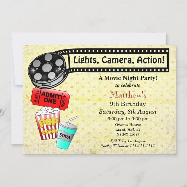 Movie Night Birthday Party Invitation (Front)