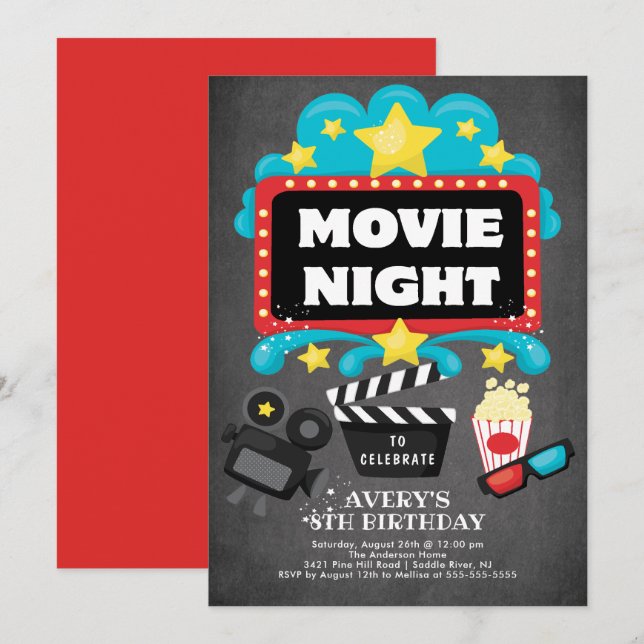 Movie Night Birthday Party Invitation (Front/Back)