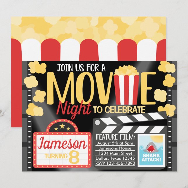 Movie Night Birthday Party Invitation Invite (Front/Back)