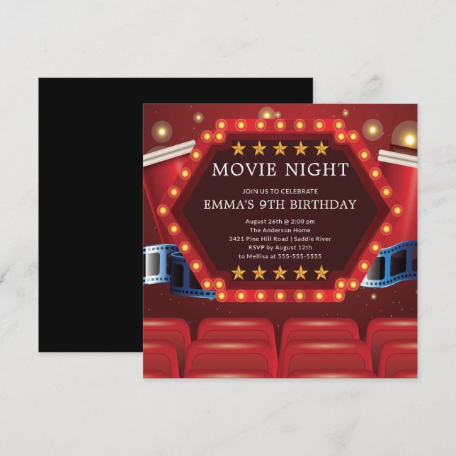 Movie Night Birthday Party Invitations (Front/Back)