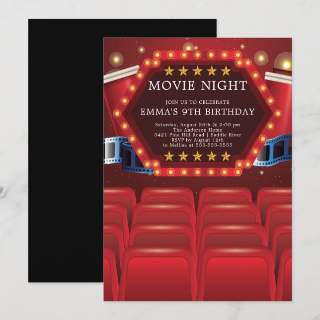 Movie Night Birthday Party Invitations (Front/Back)