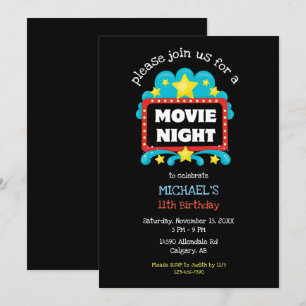 Movie Night Birthday Party Kids Cute Cinema Invitation